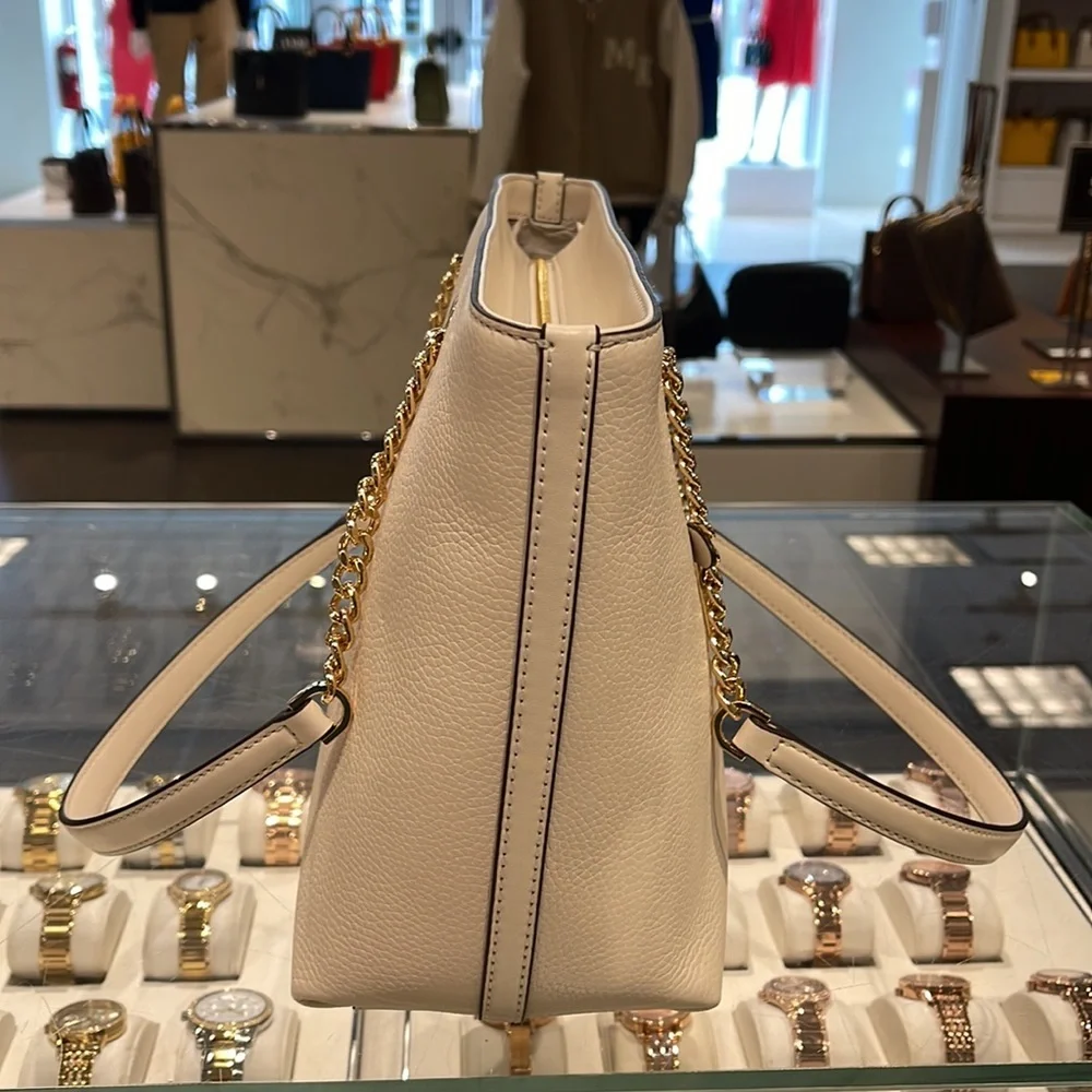 MICHAEL KORS Jet Set Medium Front Zip Pebbled Leather Chain Tote Bag Light Cream